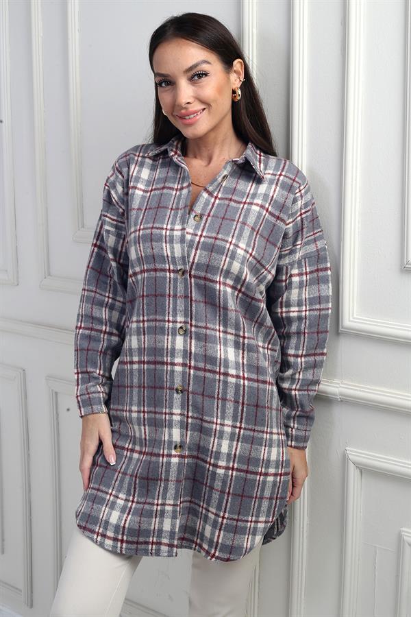 Chemise longue à carreaux pour femme avec fentes latérales
