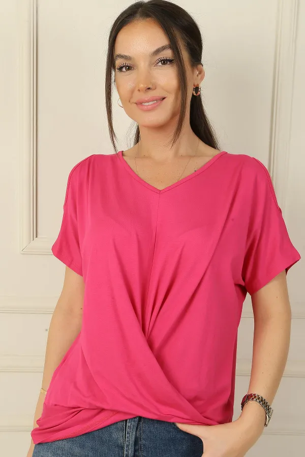 Women's V-Neck Off-Shoulder Knot Front Short Batwing Sleeve Viscose Blouse