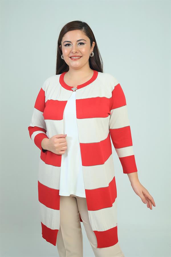 Kadın Enine Kalın Çizgili Büyük Beden Hırka