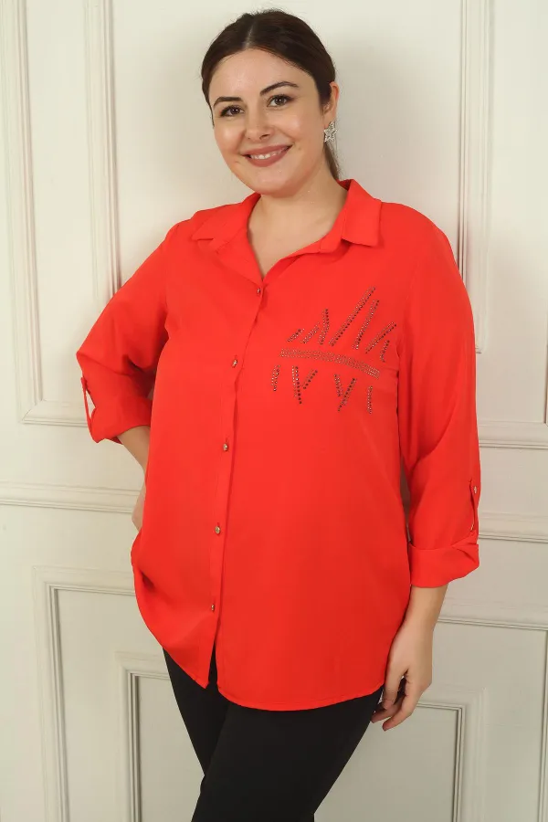 Women's Plus Size Crepe Satin Shirt with Folded Sleeves and Stone Details