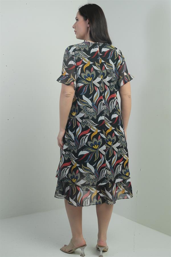 Kadın  Kolları Fırfırlı Yaprak Desenli Kolyeli Çift Katlı Büyük Beden Şifon Midi Elbise