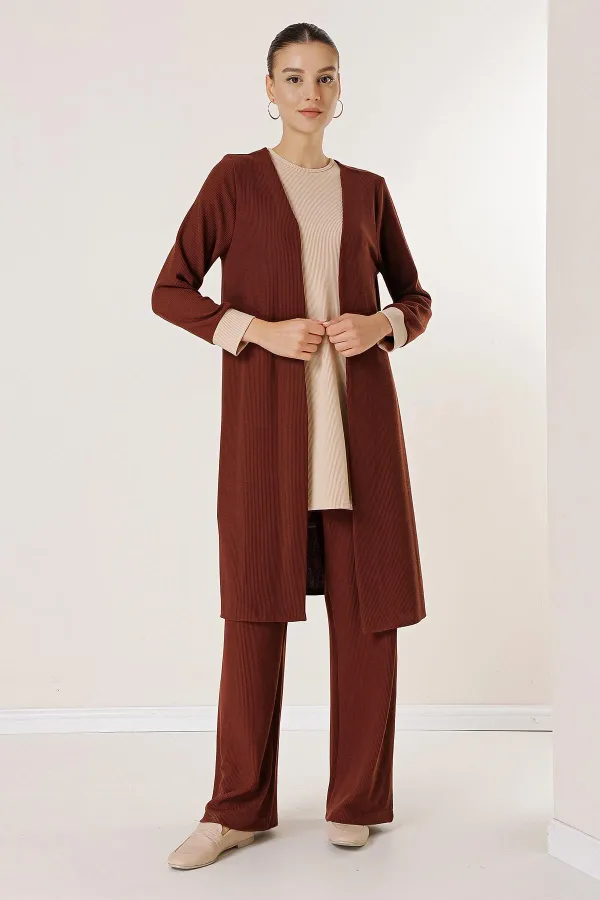 Tunique sans manches, pantalon taille élastique, cardigan long, ensemble tricoté 3 pièces