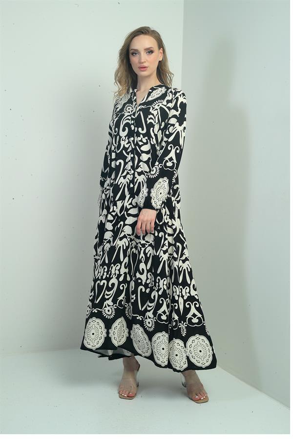 Robe longue hijab pour femme, col mandarin, boutons sur le devant, poignets élastiqués, motif châle