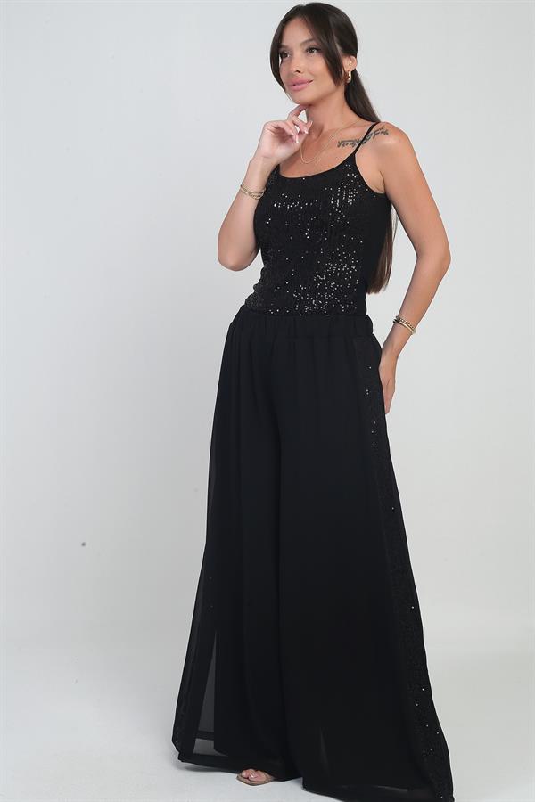 Pantalon palazzo en mousseline doublée, taille élastique, bordure latérale à sequins, pour femme