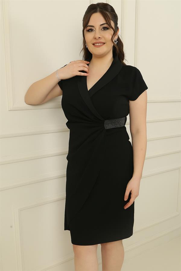 Tırnak Kol Beli Taşlı Astarlı Büyük Beden Krep Elbise