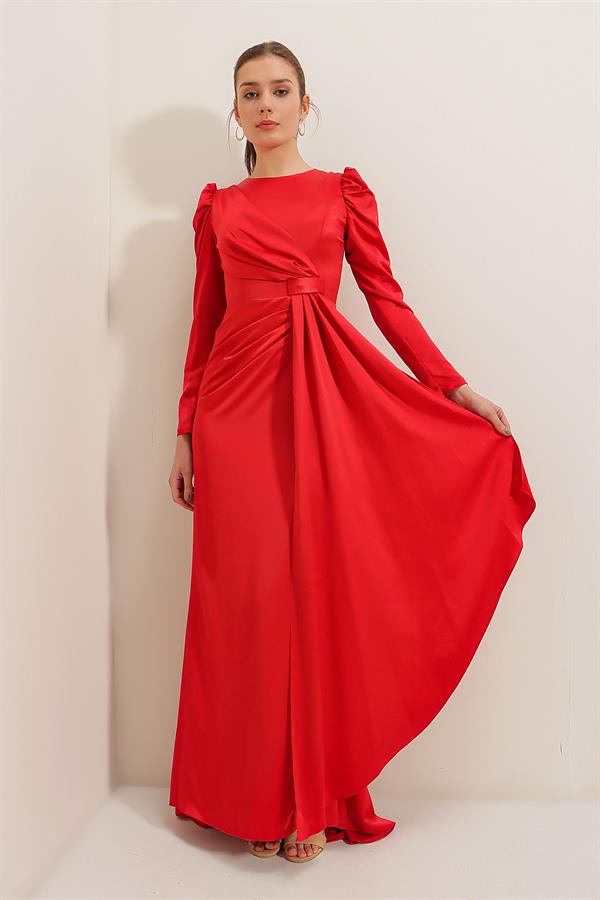 Long-sleeved satin dress with pleat detail at the front and lining.