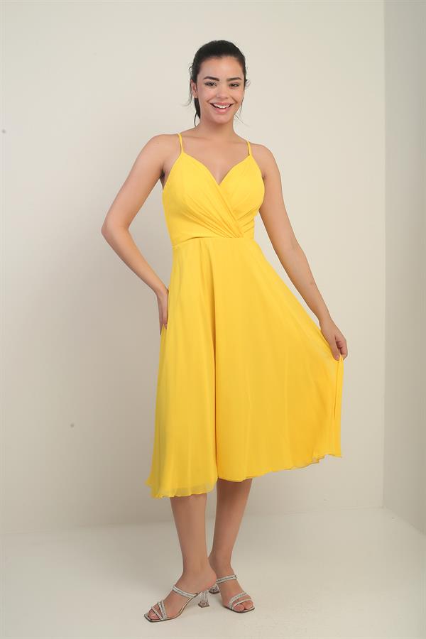 Women's Strappy Wrap Neckline Lined Lace-Up Back Flared Chiffon Dress