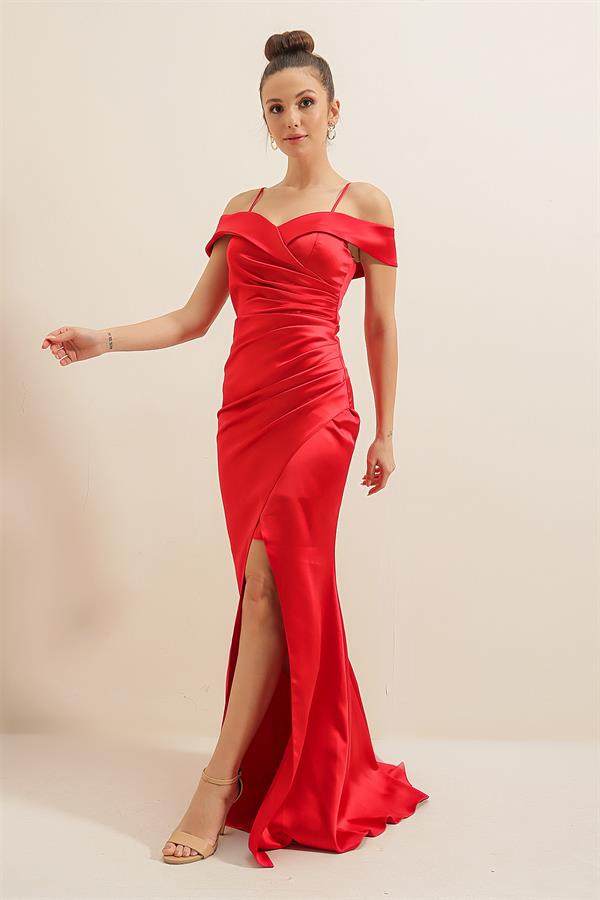 Boat Neck Pleated Skirt Lined Satin Long Dress