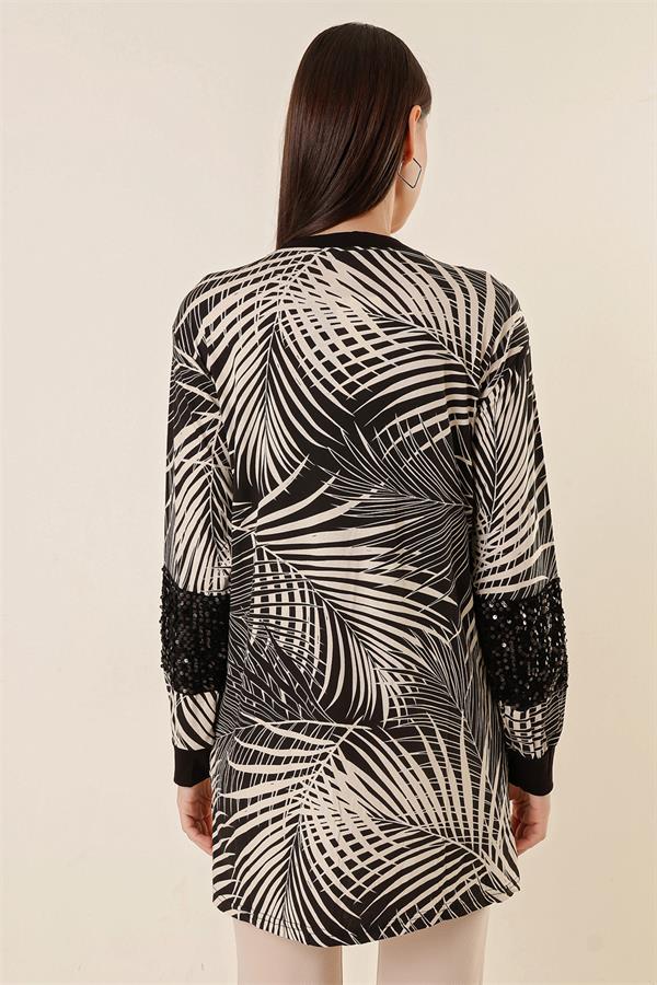 Pulpayet Detaylı Yaprak Desenli Cepli Likralı Hırka