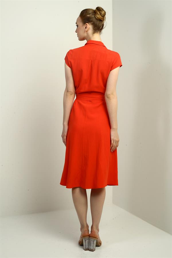 Women's Button-Front Belted Shirt Collar Short-Sleeve Dress