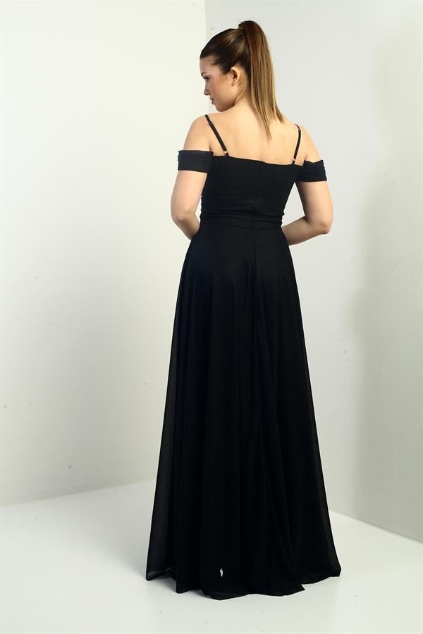 Kadın İp Askılı Eteği Kloş Astarlı Uzun Simli Elbise