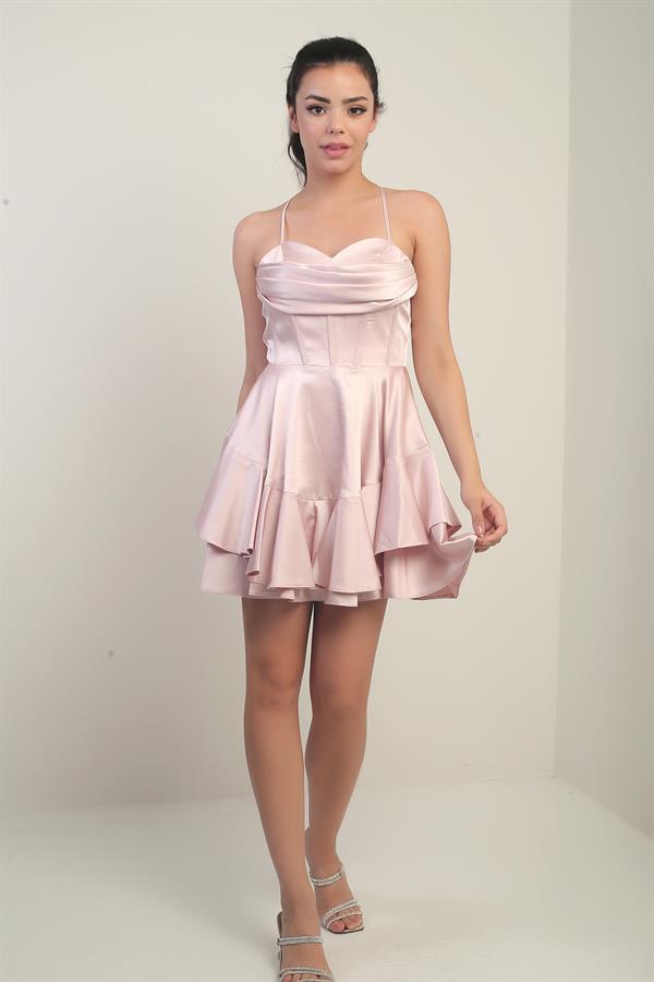 Women's Strappy Back Tie Underwired Short Satin Dress with Layered Lining