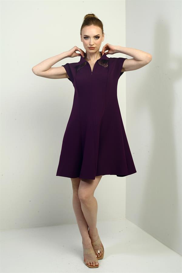 Kadın Önü Yarım Fermuar Ve Dantel Detaylı Kendinden Telalı Kısa Kloş Elbise