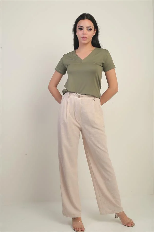 Pantalon palazzo pour femme avec taille élastiquée, poches et détails plissés