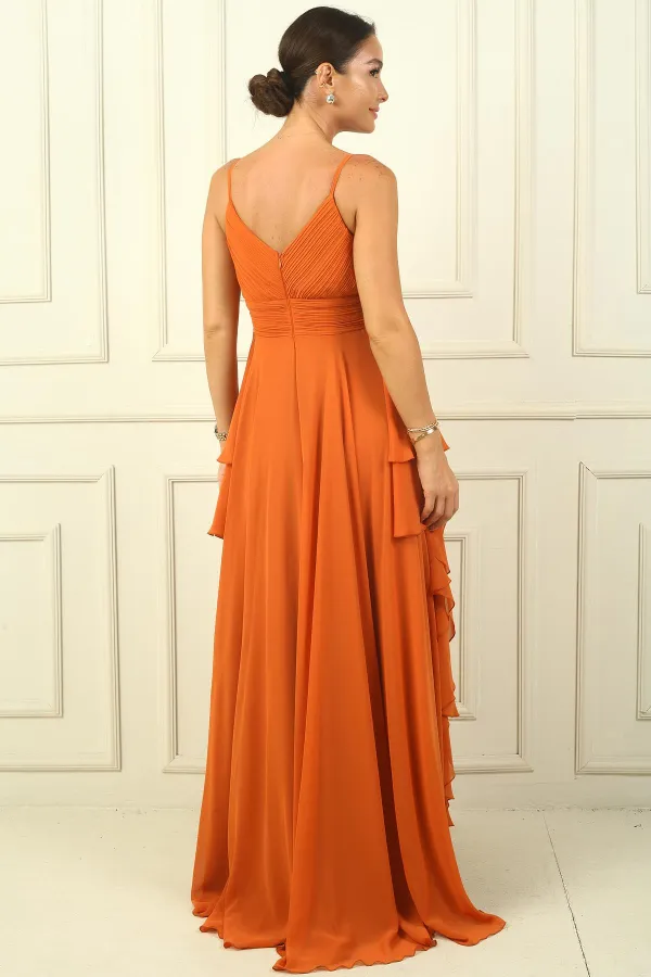 Kadın İp Askılı Yanları Yırtmaçlı Astarlı Volanlı Şifon Uzun Elbise