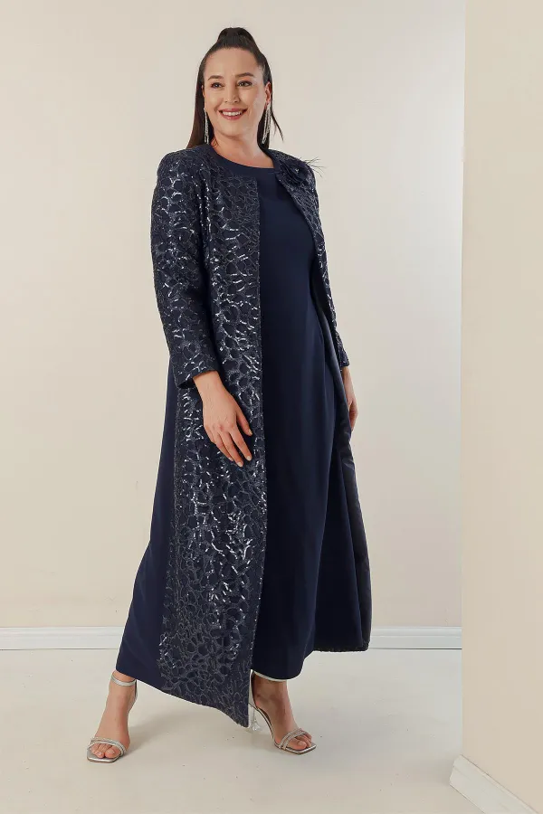 Robe longue en crêpe à manches demi-lune et devant à sequins, doublée en caftan, ensemble 2 pièces grande taille