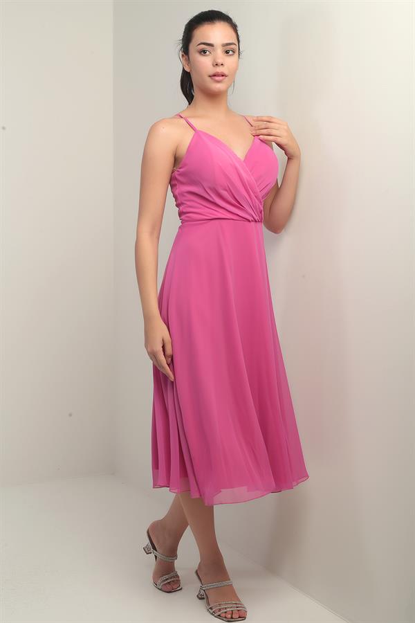 Women's Strappy Wrap Neckline Lined Lace-Up Back Flared Chiffon Dress