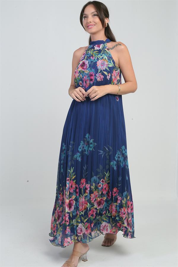 Kadın Çiçek Desenli Astarlı Plisoley Şifon Uzun Elbise