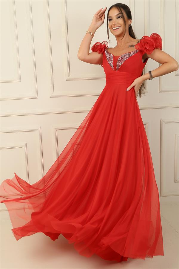 Front and Back V-Neck Strappy Short Sleeved Long Tulle Dress with Rhinestone Embellishment and Lining