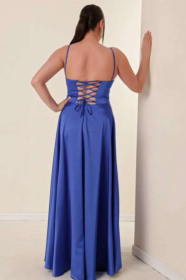 İp Askılı Astarlı Önden Yırtmaçlı Büyük Beden Uzun Saten Elbise