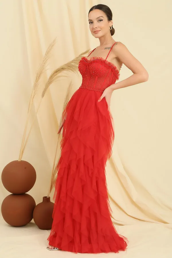 Robe longue en tulle doublée à franges et à bretelles en corde perlée