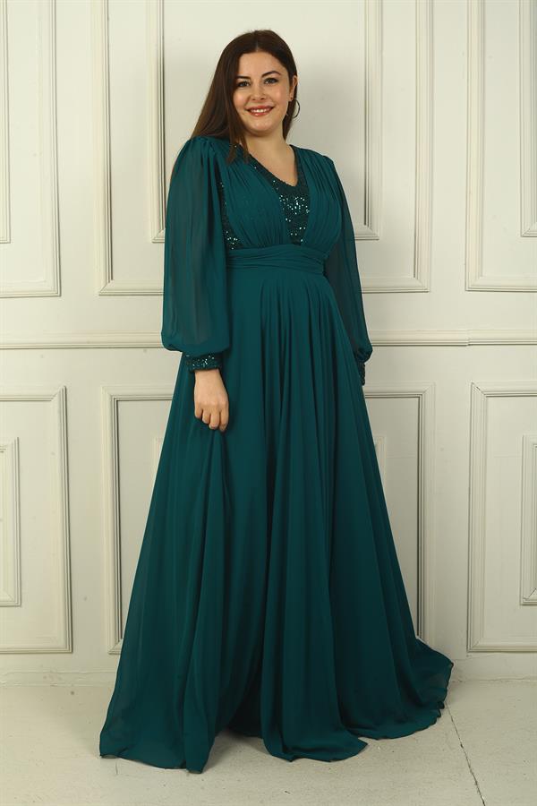 Women's Front and Back V-Neck Sequined Lined Plus Size Long Chiffon Evening Dress