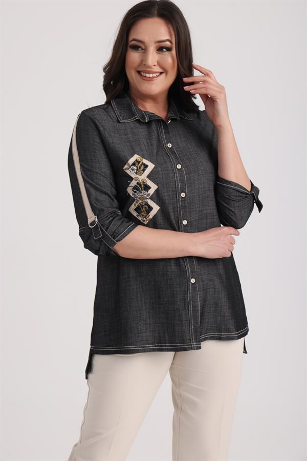 Women's Plus Size Lyocell Shirt with Embroidered Appliqué Front and D-Buckle