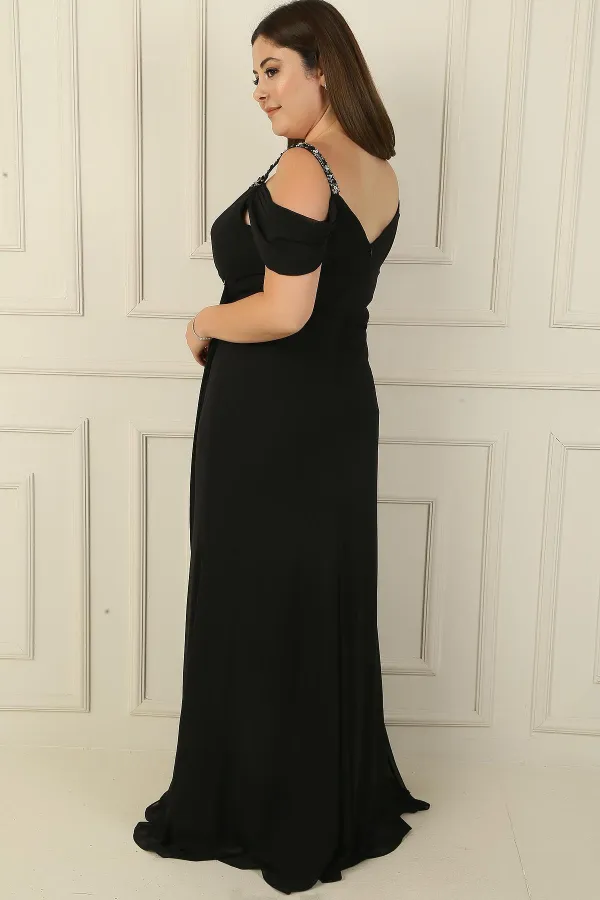 Kadın Taş Detay Askılı Düşük Kol Yanı Mendil Yırmaçlı Askılı Büyük Beden Şifon Uzun Elbise