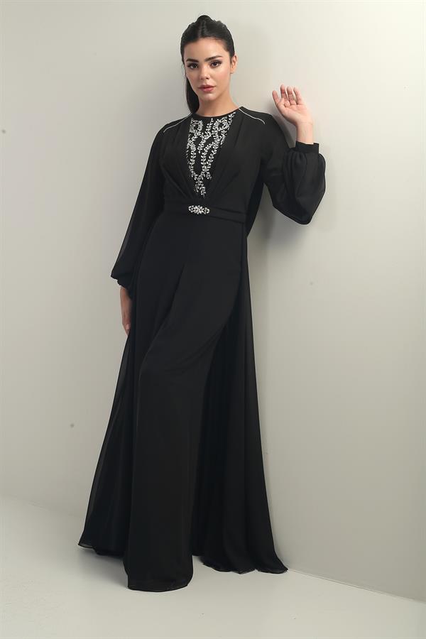 Women's Front and Back Stone Detailed Lined Wide-Leg Chiffon Jumpsuit