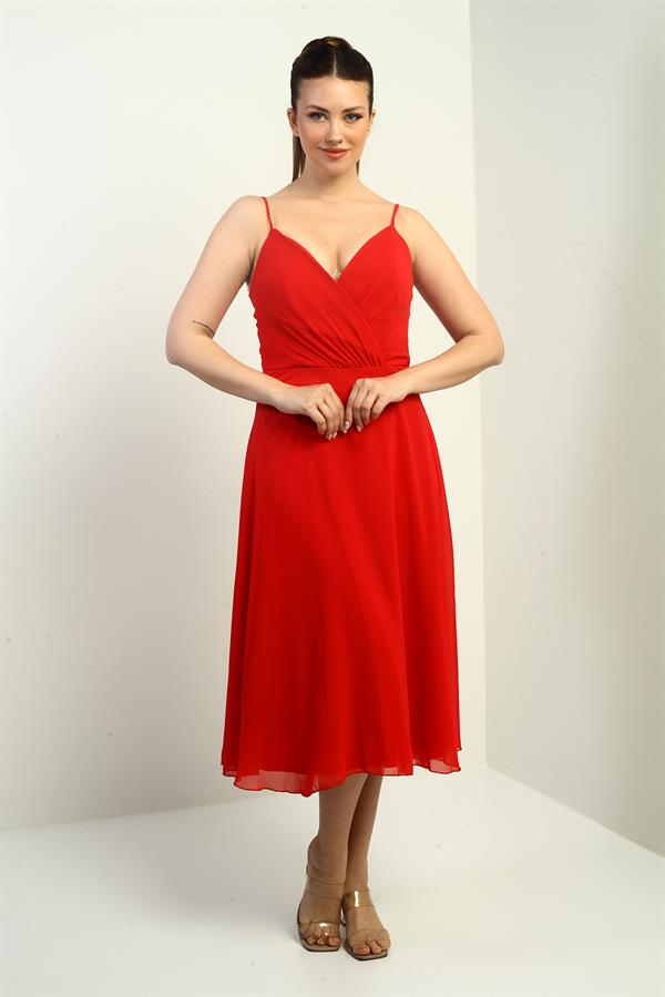 Women's Strappy Wrap Neckline Lined Lace-Up Back Flared Chiffon Dress