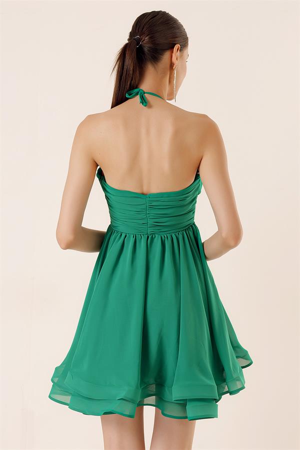 Boyundan Bağlamalı Astarlı Kısa Şifon Elbise