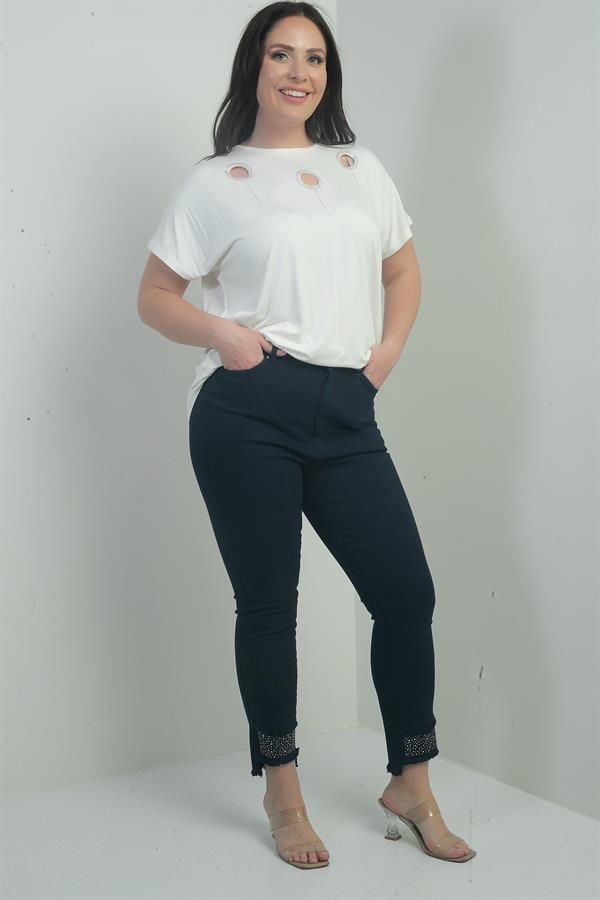 Pantalon en toile grande taille pour femme, coupe slim, orné de pierres et de pompons, en tissu Lycra