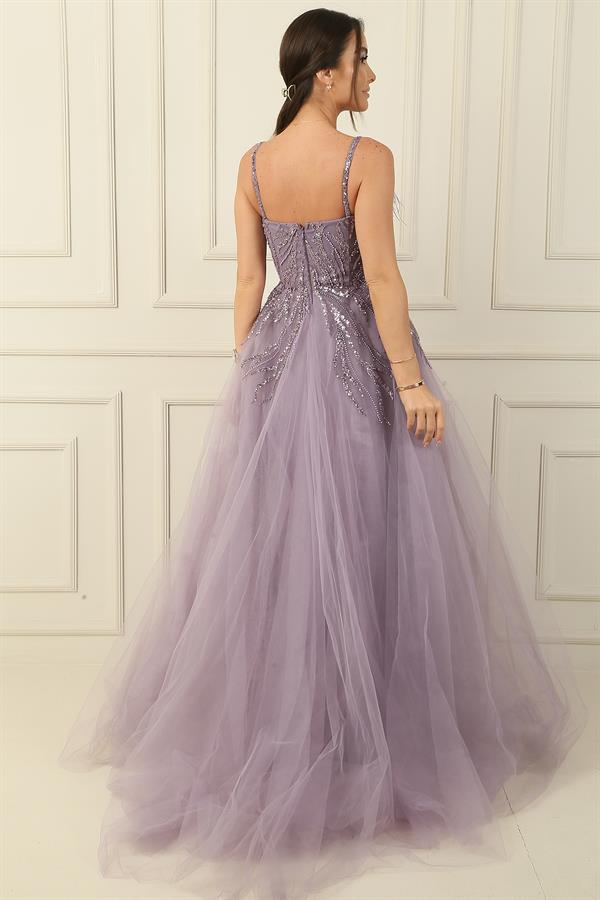 Strappy Neckline Feathered Sequin and Bead Embellished Lined Long Princess Evening Dress