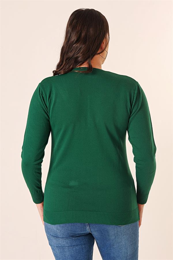 Şeritli V Yaka Büyük Beden Triko Kazak