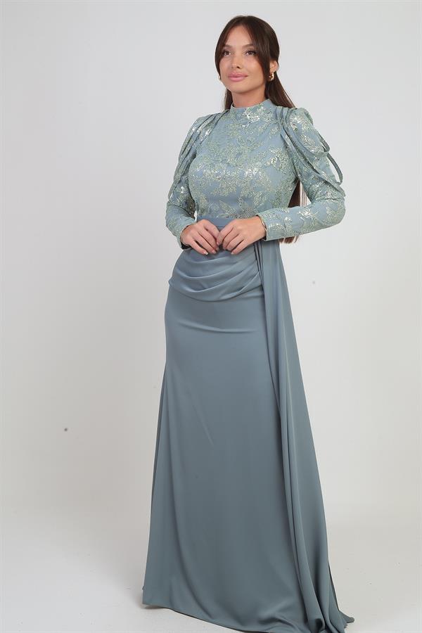 Kadın Üstü Pul Sim Detaylı Eteği Büzgülü Astarlı Şifon Uzun Elbise