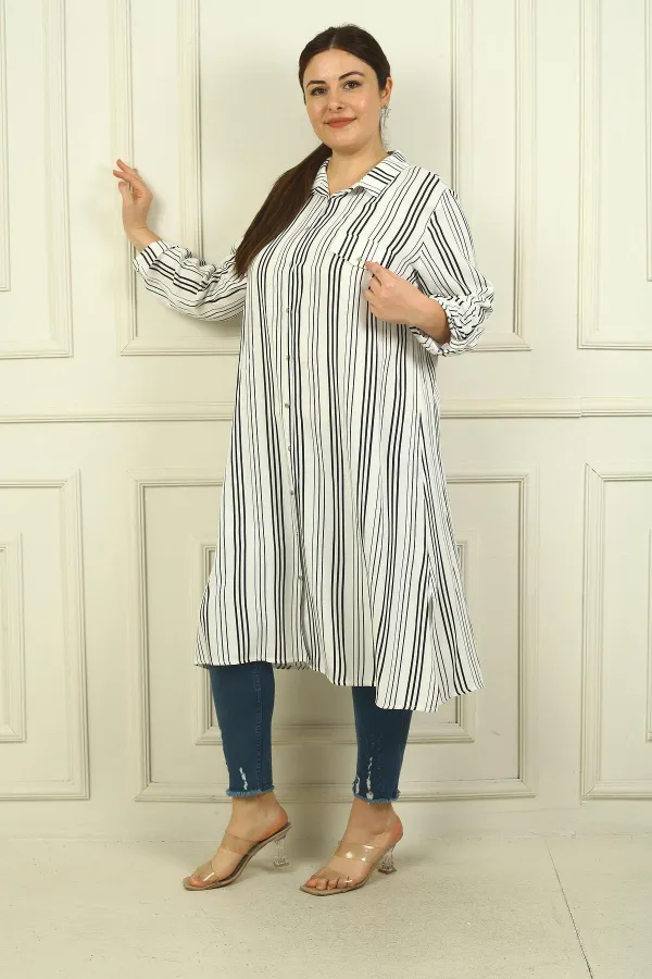 Kadın Sahte Tek Cepli Kol Katlamalı Boyuna Çizgili Büyük Beden Uzun Tunik Gömlek