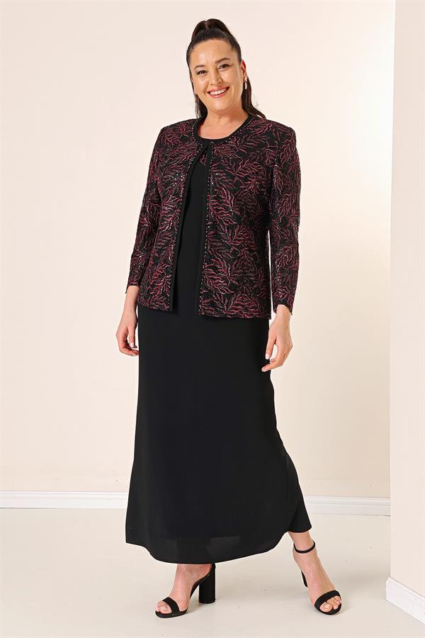 Robe longue à col perlé, ensemble deux pièces grande taille avec veste brodée de perles et de sequins, doublée.