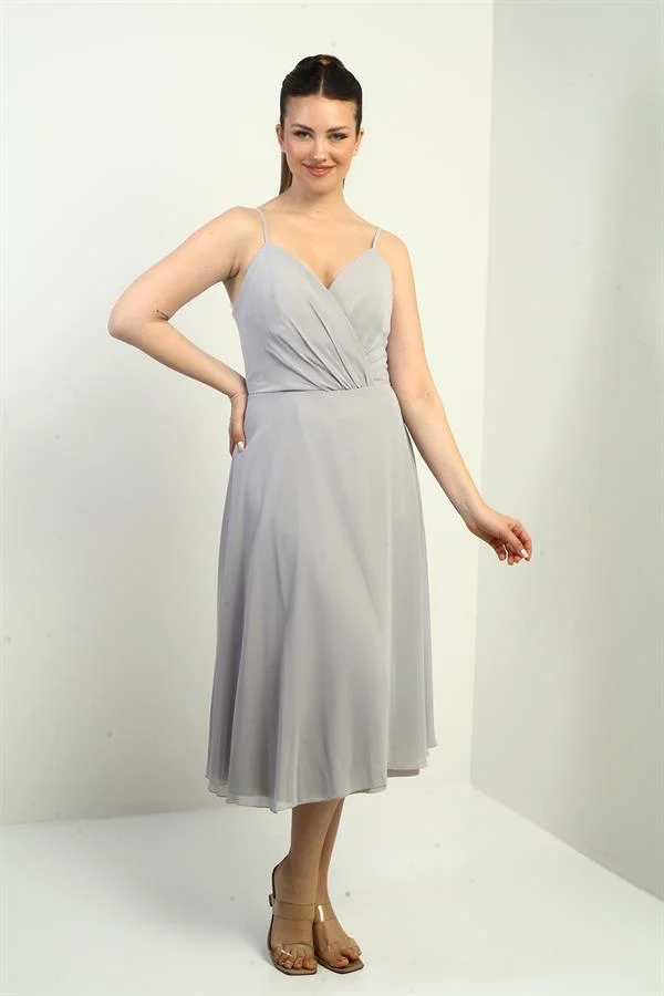 Women's Strappy Wrap Neckline Lined Lace-Up Back Flared Chiffon Dress