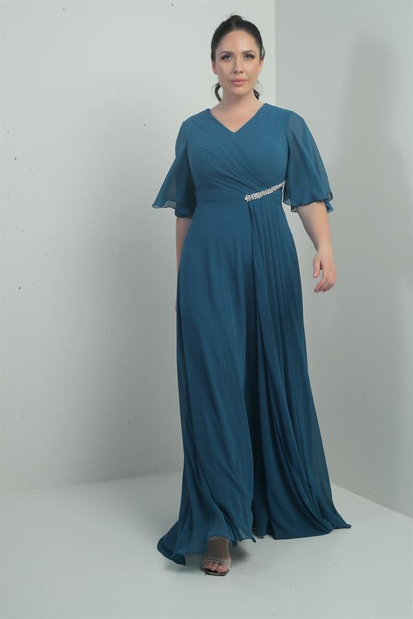 Kadın V Yaka Beli Taşlı Drapeli Astarlı Büyük Beden Uzun Şifon Elbise