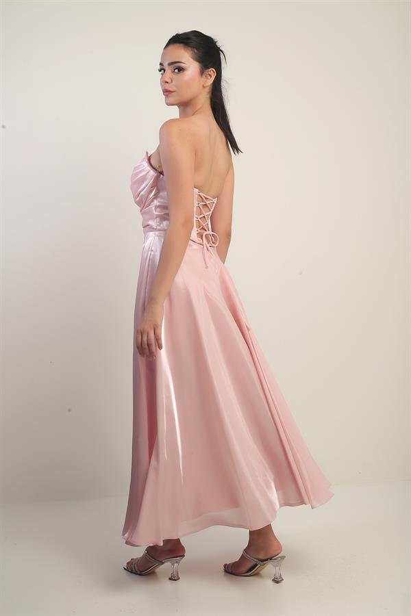 Women's V-Neck Strapless Lined Organza Satin Midi Dress