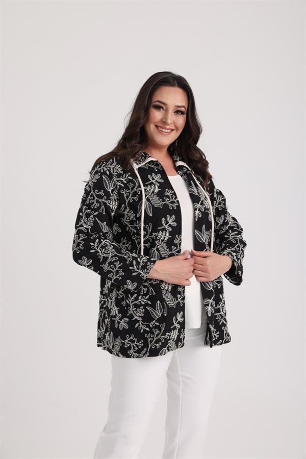 Women's Sleeveless Lycra Blouse and Patch Pocket Jacket with Leaf Embroidery, Plus Size, 2-Piece Set