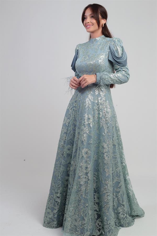 Kadın Kol ucu Tüylü Boncuk Sim Detaylı Astarlı Uzun Elbise