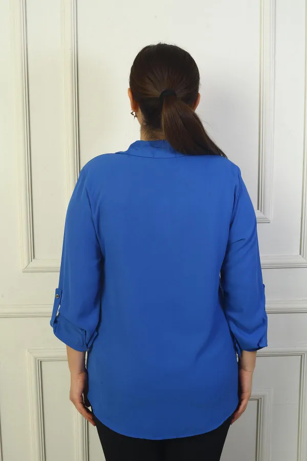 Kadın Kol Katlamalı Taş Detaylı Krep Saten Büyük Beden Gömlek