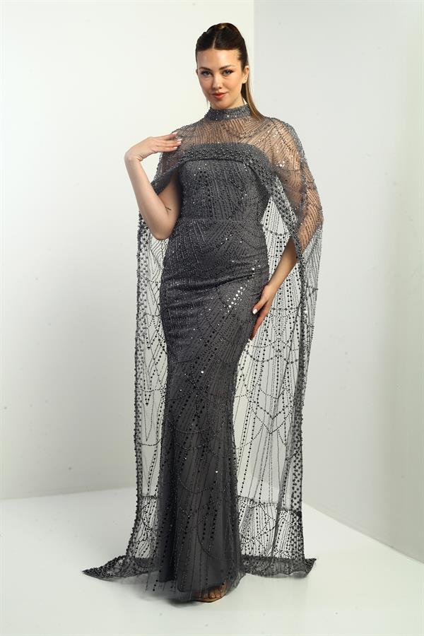 Women's Strapless, Sequined, Cape-Style, Lined Long Evening Dress