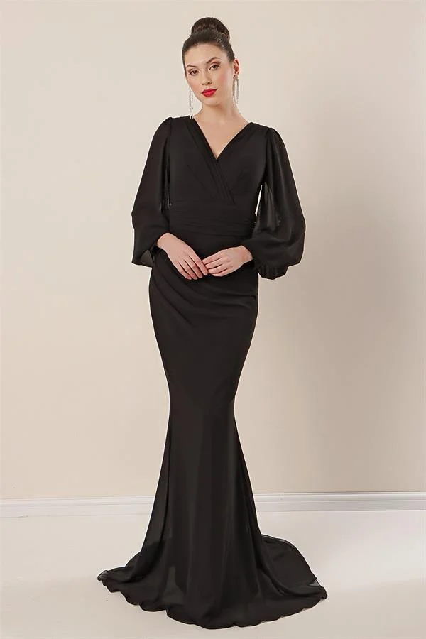 Wrap Neckline, Gathered Front, Lined Long Chiffon Dress