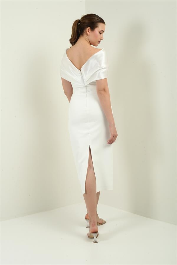 Women's Taffeta Madonna Collar Front Pearl Detailed Lined Evening Dress