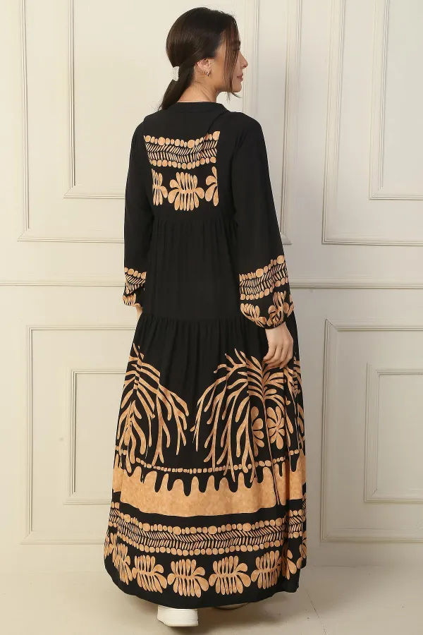 Long, half-buttoned, elasticated sleeve, printed modest dress.