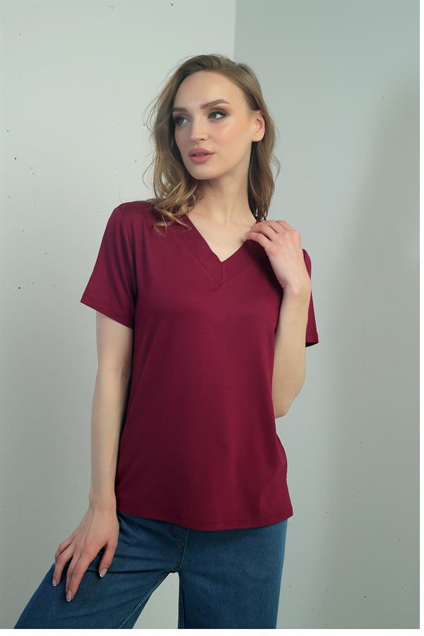 Kadın V Yaka Yırtmaçlı Kısa Kol Bluz