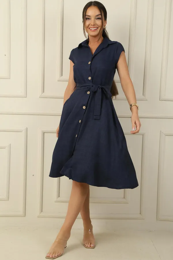 Button-front, belted, pocketed linen-effect dress.