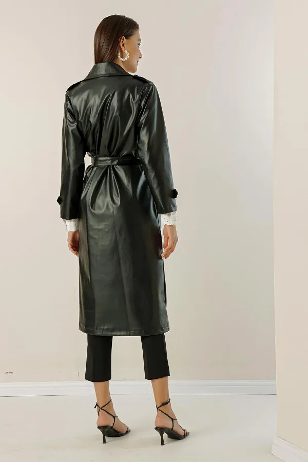 Trench-coat doublé en similicuir avec ceinture et poches latérales